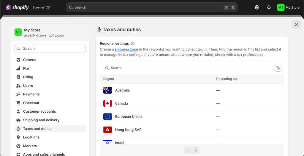 shopify taxes tab