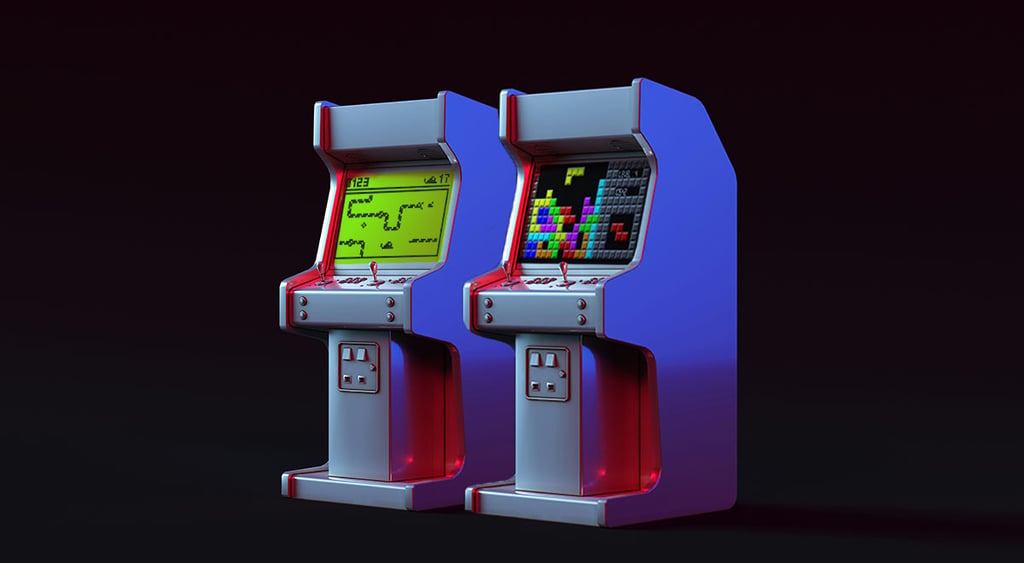 Snake ant tetris on two arcade game screens, black background