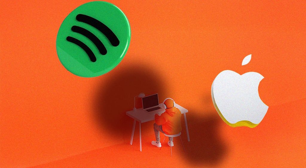 podcaster on chair apple and spotify logo, orange
