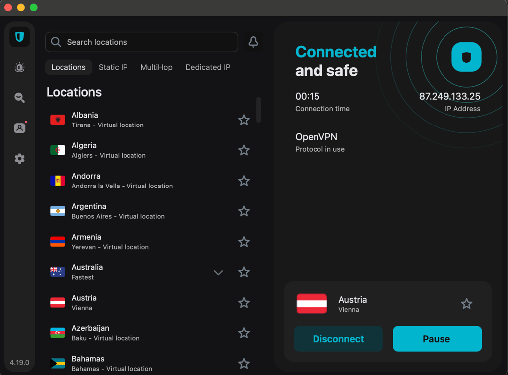 Surfshark VPN server network on macOS app