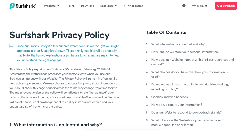 Surfshark's privacy policy excerpt