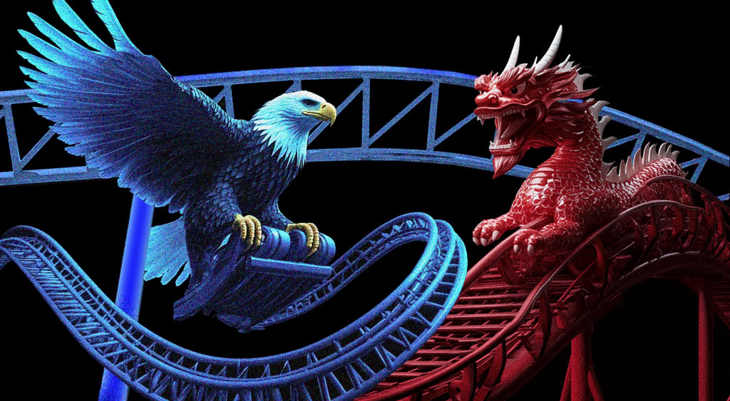 Blue eagle representing USA and a red dragon representing China on a rollercoaster