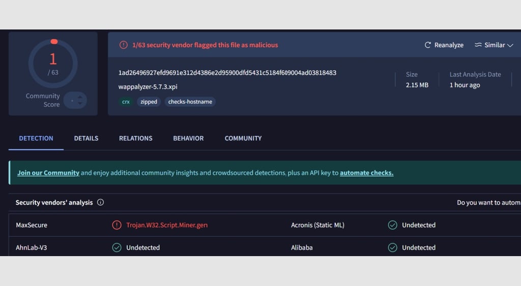 Wappalyzer trojan Virus Total