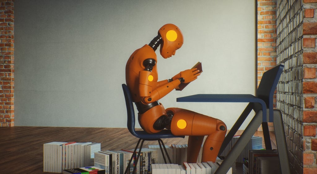 bronze AI bot reading a book at the desk