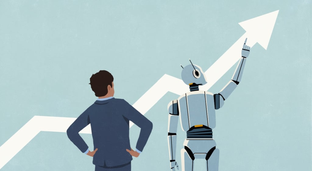 efficiency graph,  write arrow goes up, grey robot points to top, suited man on the left