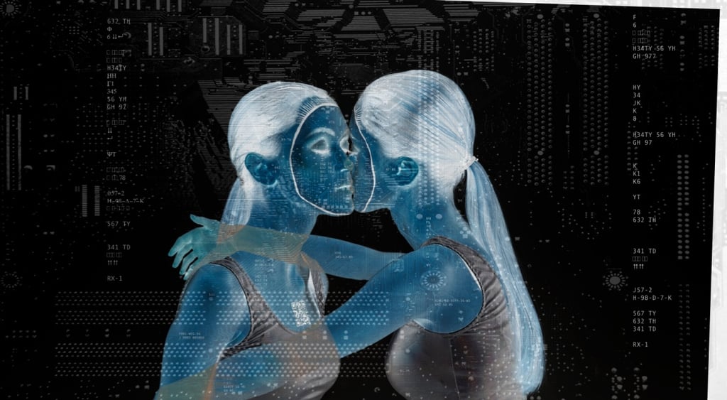 two AI women in black shirts with long hair hugging