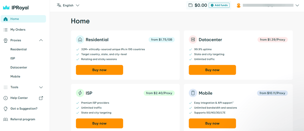 IPRoyal app interface