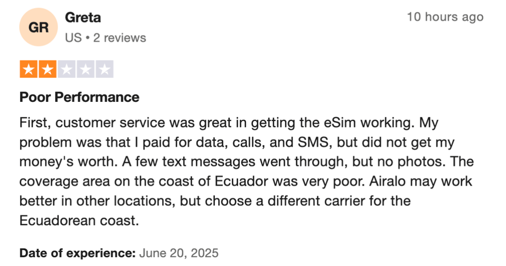 Airalo review mentioning poor coverage