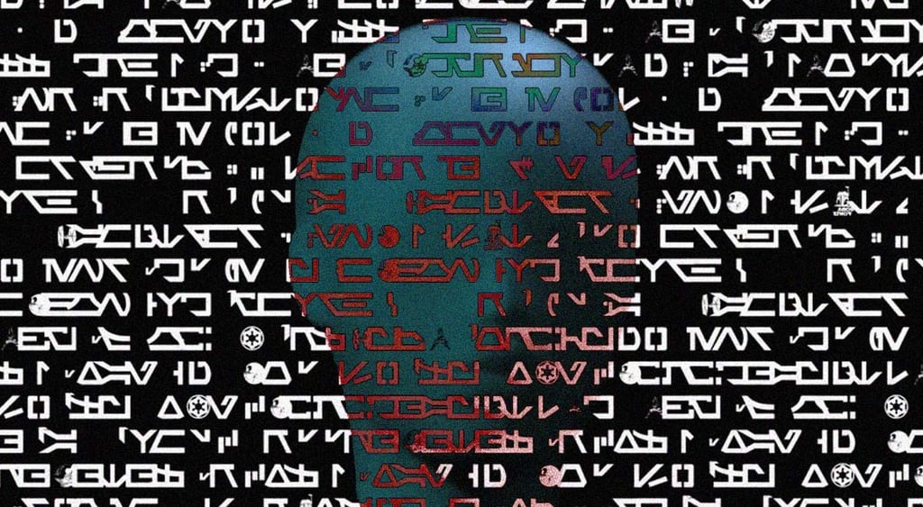 Complex coded language written over the head of an alien.
