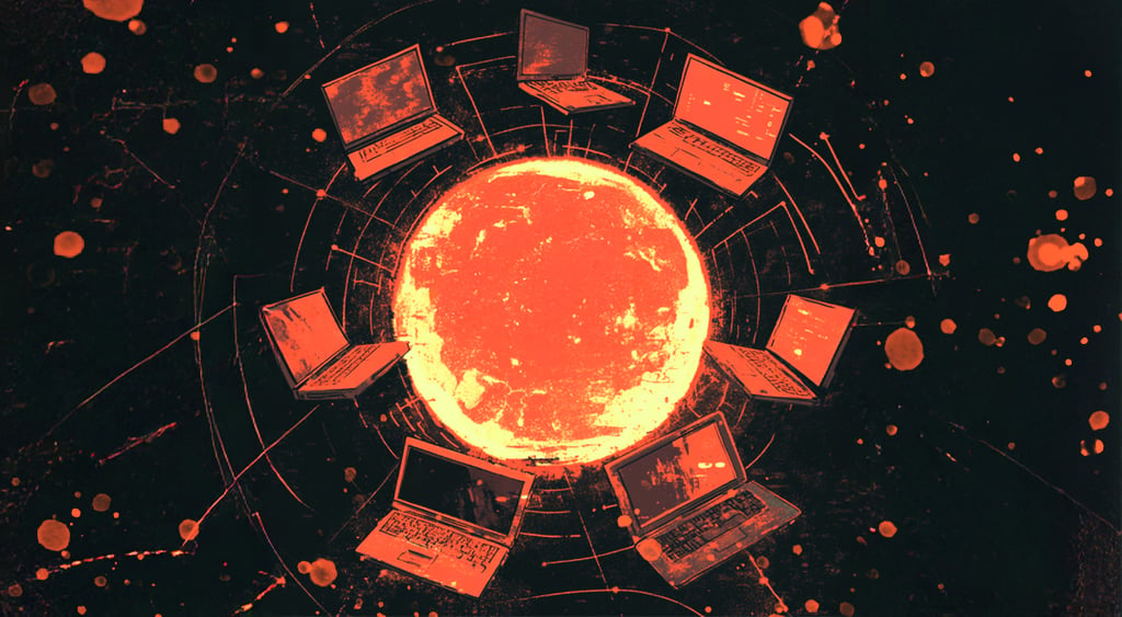 orange laptops orbiting like plates around the sun in black background