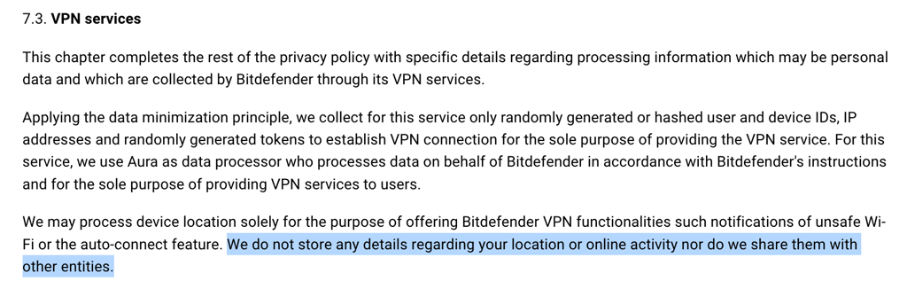 Bitdefender VPN privacy policy excerpt new