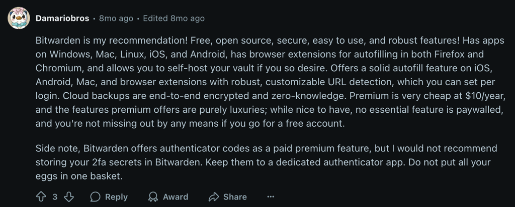 Bitwarden reddit comment Damario