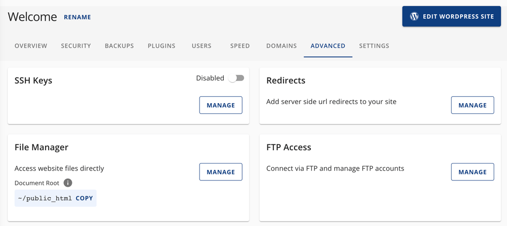 Bluehost dashboard displaying advanced features
