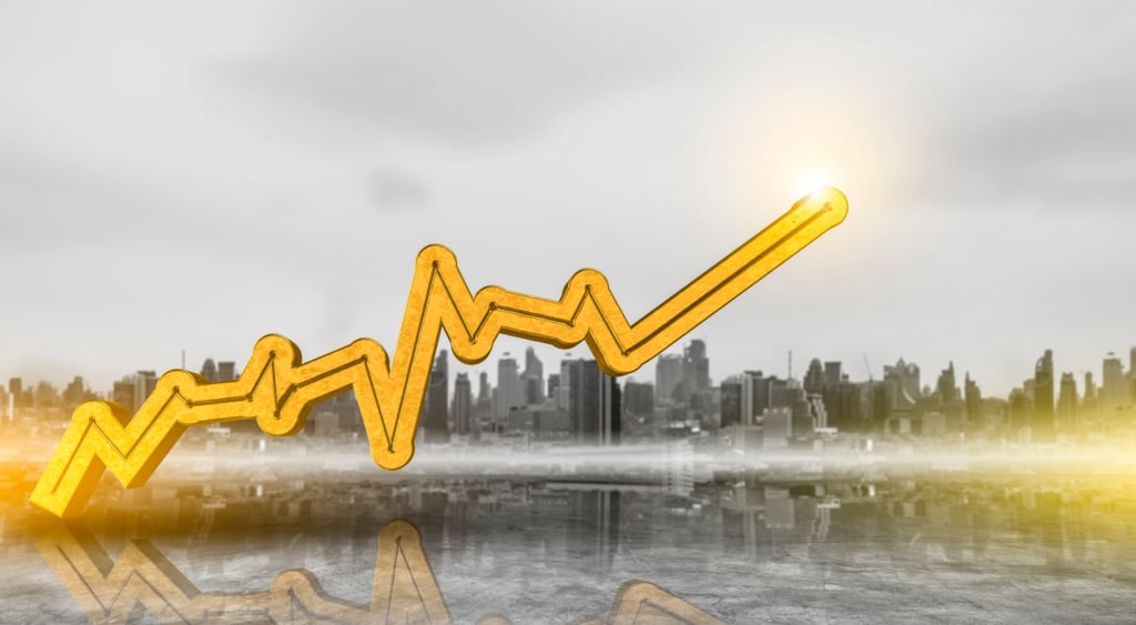 golden chart go up over grey city