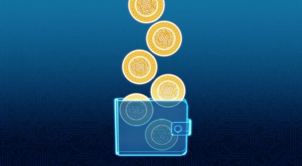 blue transparent crypto wallet with gold coins falling to it