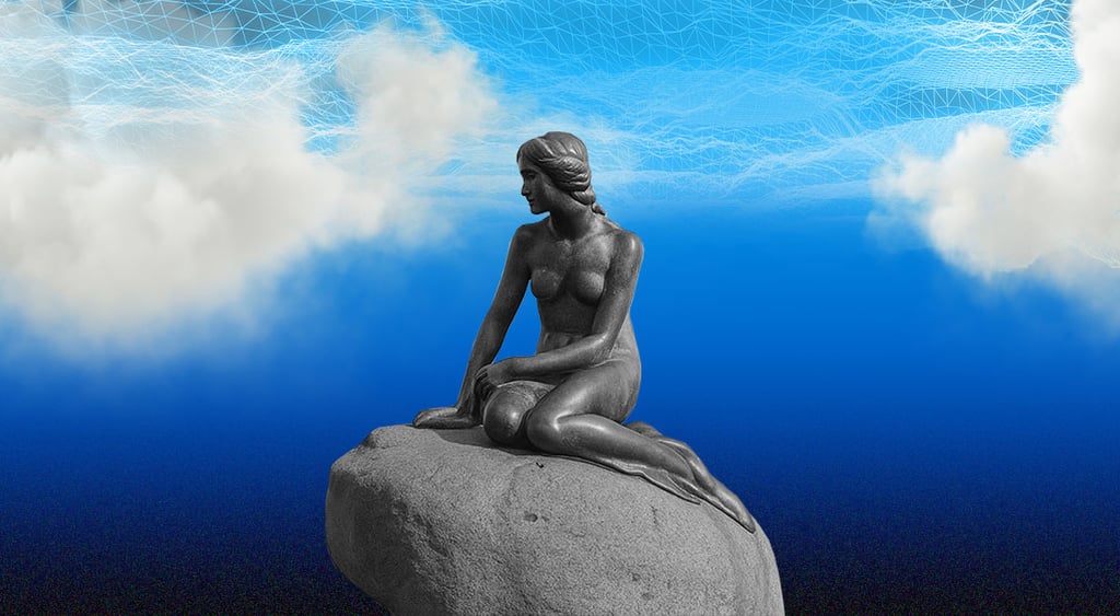 denmark, stone sculpture, mermaind on rock, digital cloud above