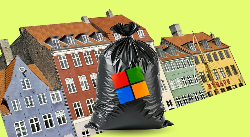 4 danish homes in line, yellow background, black trash bag in front with meta loto