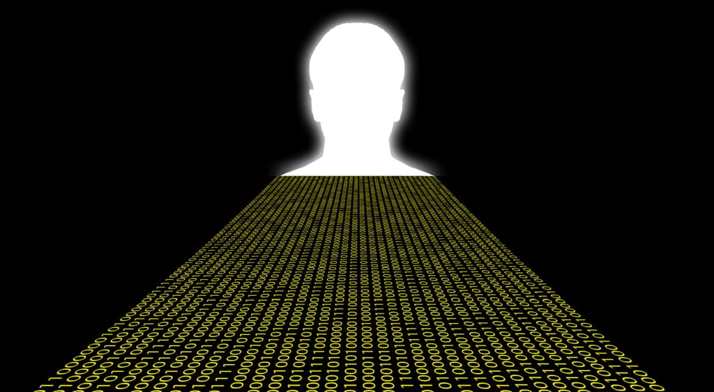 white glowing human head, lines of yellow numbers, black background