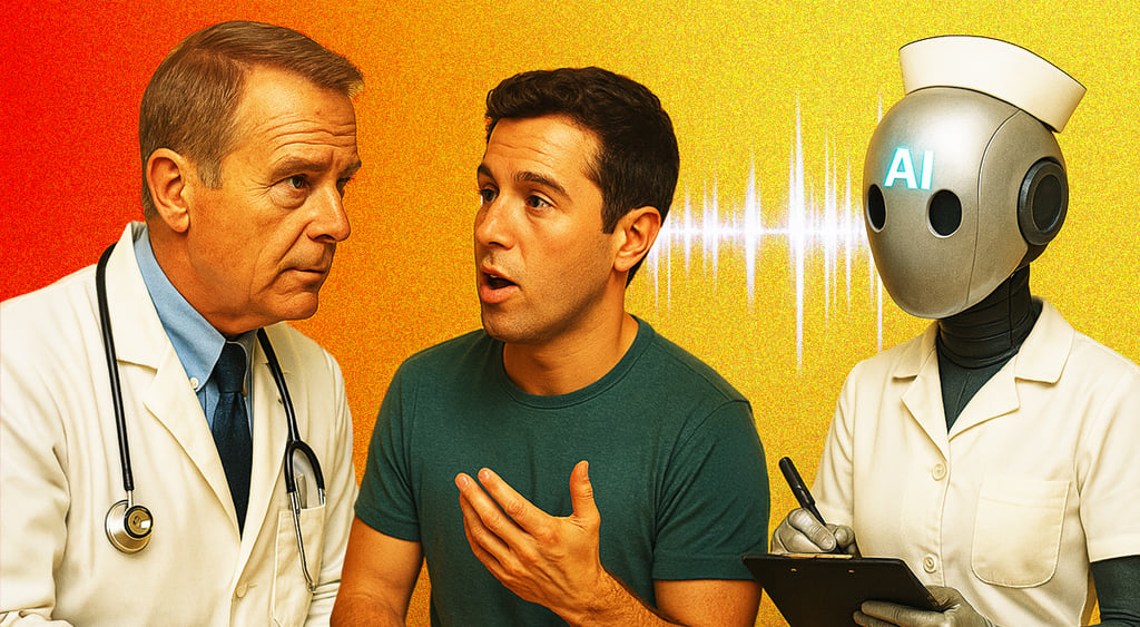 two men, green shirt, doctors coat, AI robot, taking notes, healthcare