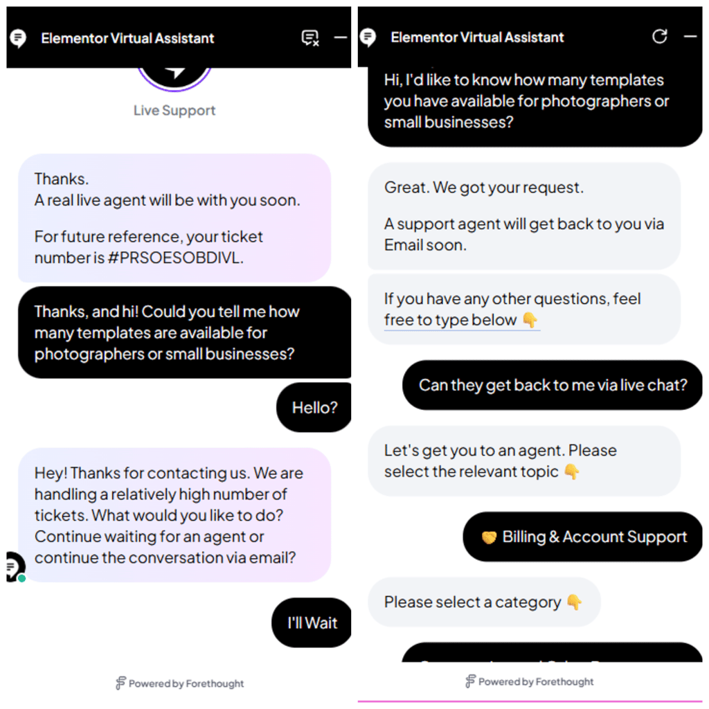 Elementor live chat attempts