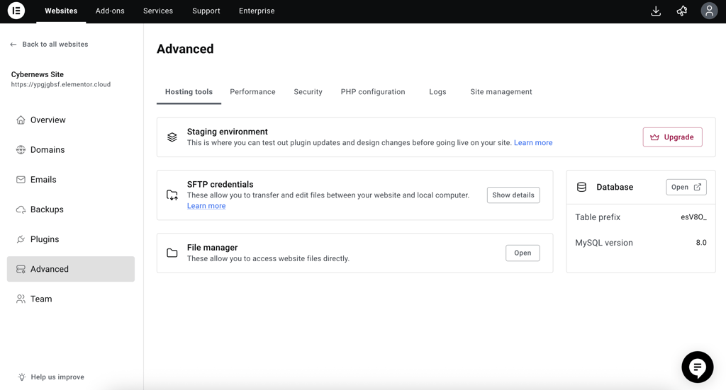 Elementor’s Advanced settings dashboard