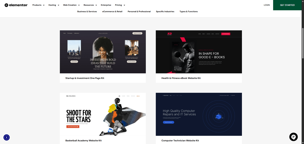 Elemetor’s template library divided intro categories
