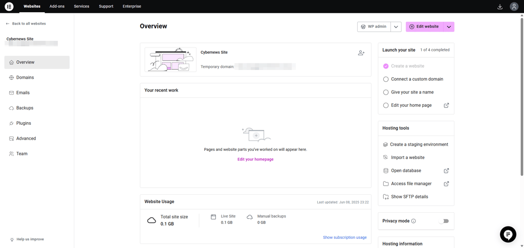 Elementor web dashboard interface