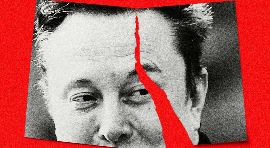 Elon Musk in a ripped photo on a red background.