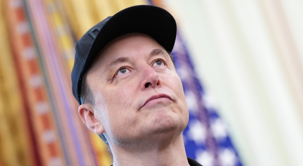 elon muskss face with black hat, looking up with blurry flads in the back
