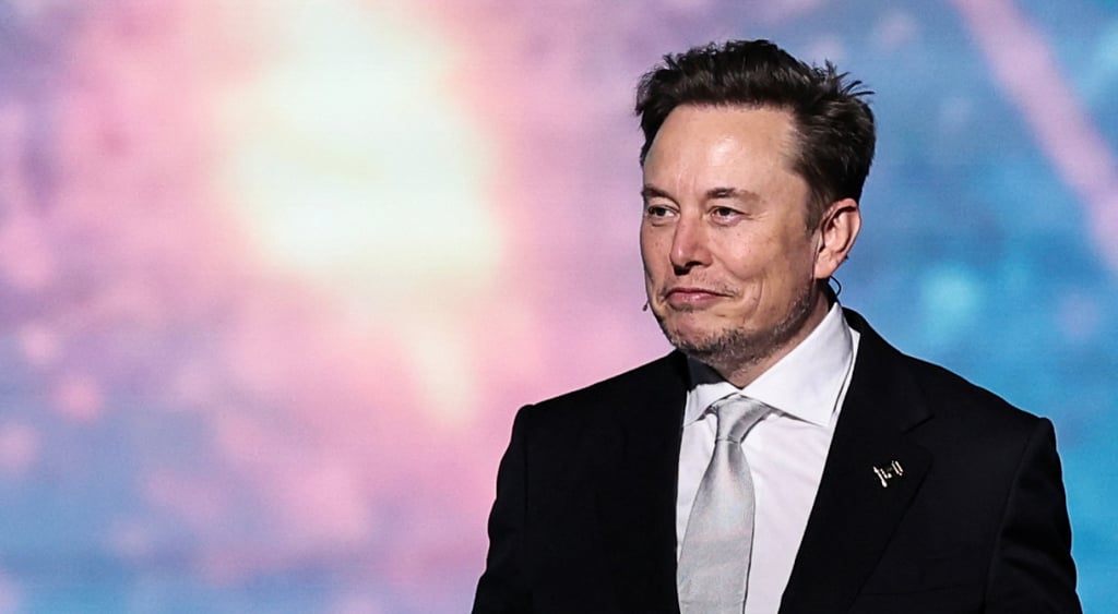 Elon musk wearing a suit in pink and purple background