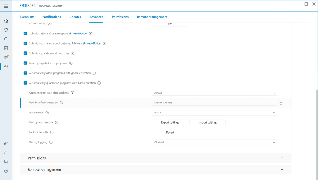 Emsisoft advanced security settings