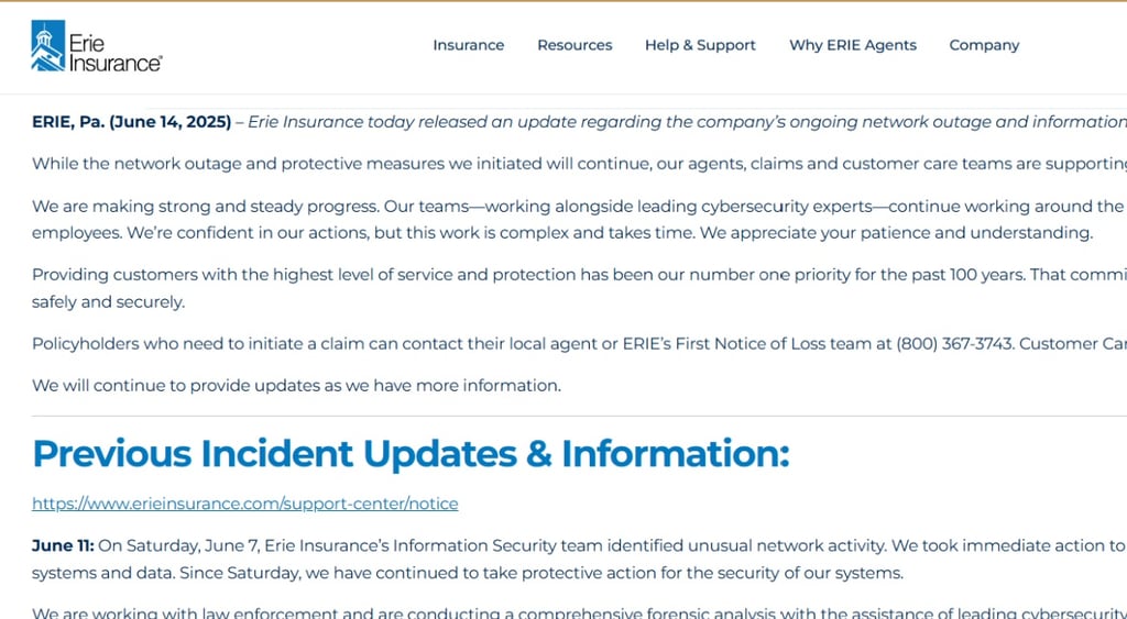 Erie Insurance cyber incident website notice