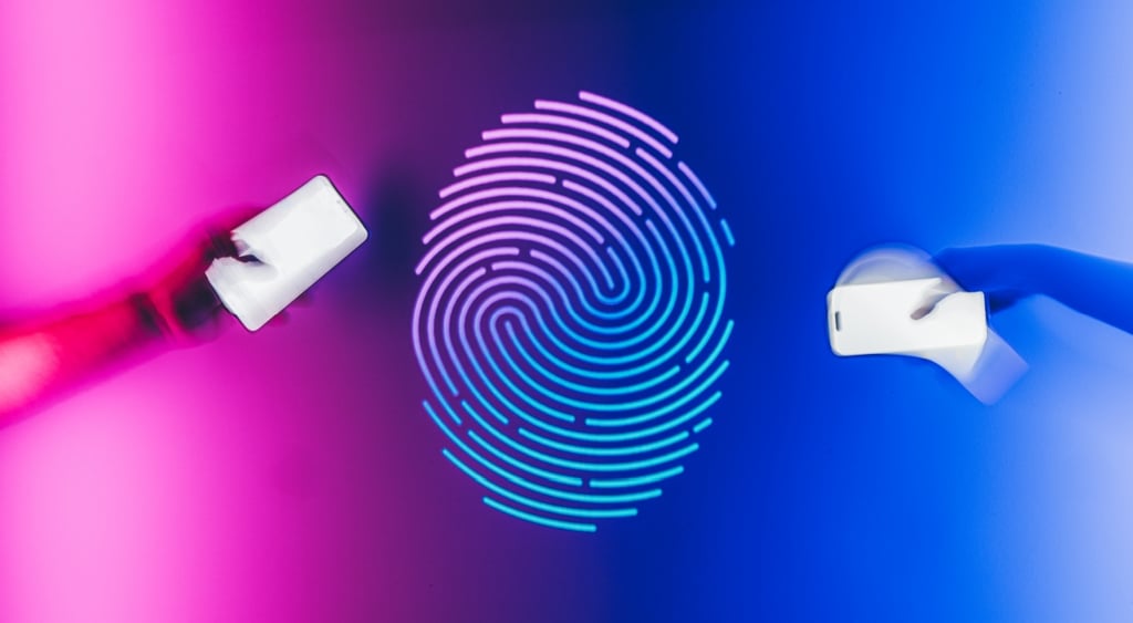 digital white fingerprint, pink on the left, blue on the right, two phones