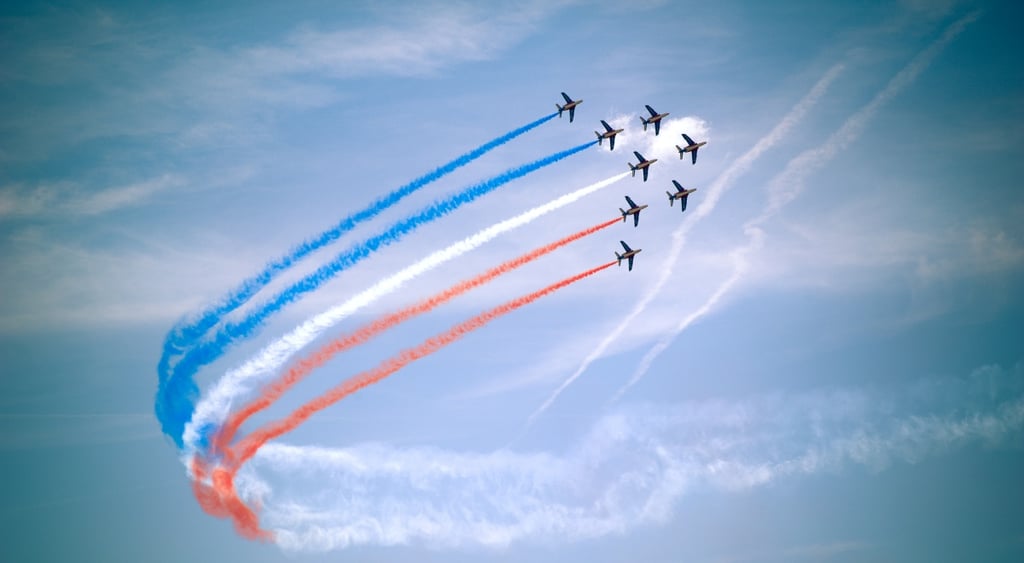 france flag in blue sky, 8 plane, military jets
