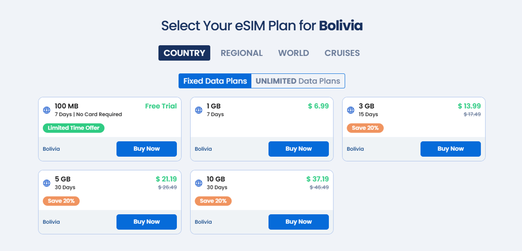 Gigsky eSIM plans for Bolivia
