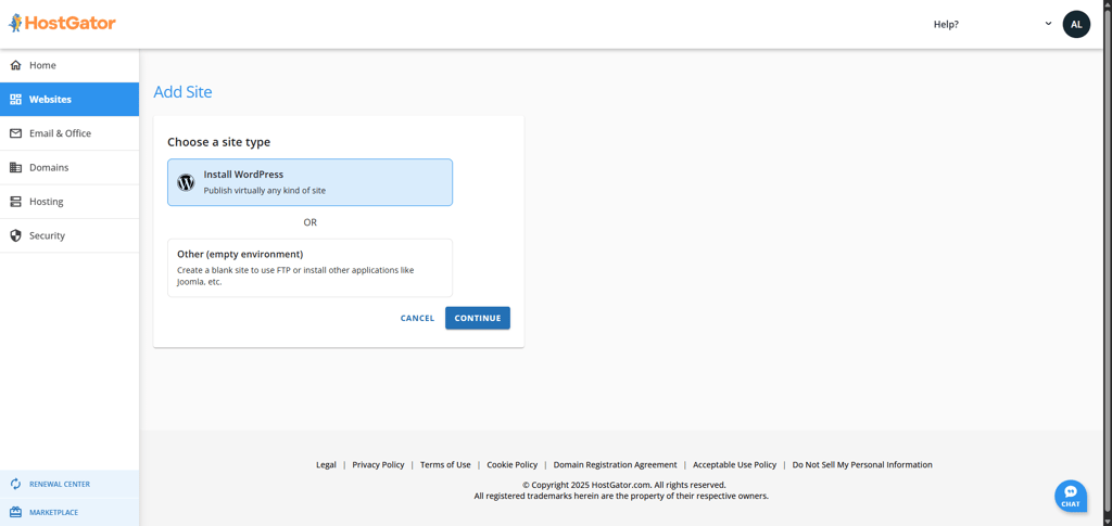 hostgator-setup-site-type