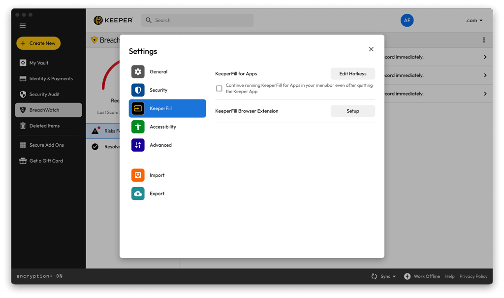 KeeperFill feature settings
