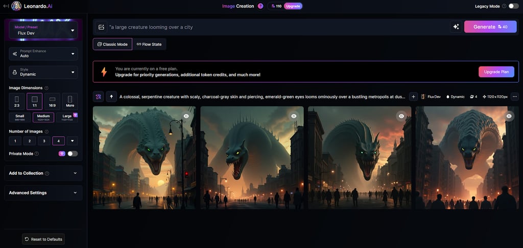 Screenshot of Leonardo AI screen after image was generated