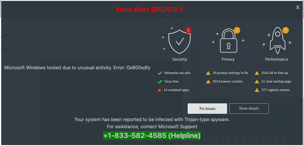 virus alert popup on microsoft windows