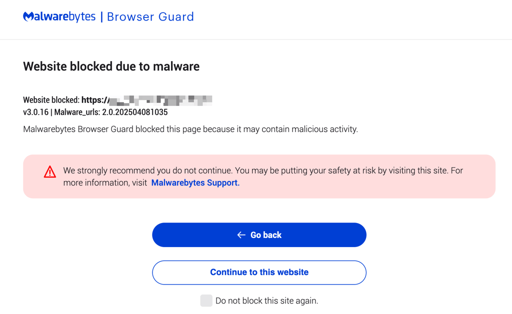 Malwarebytes phishing protection pop-up window