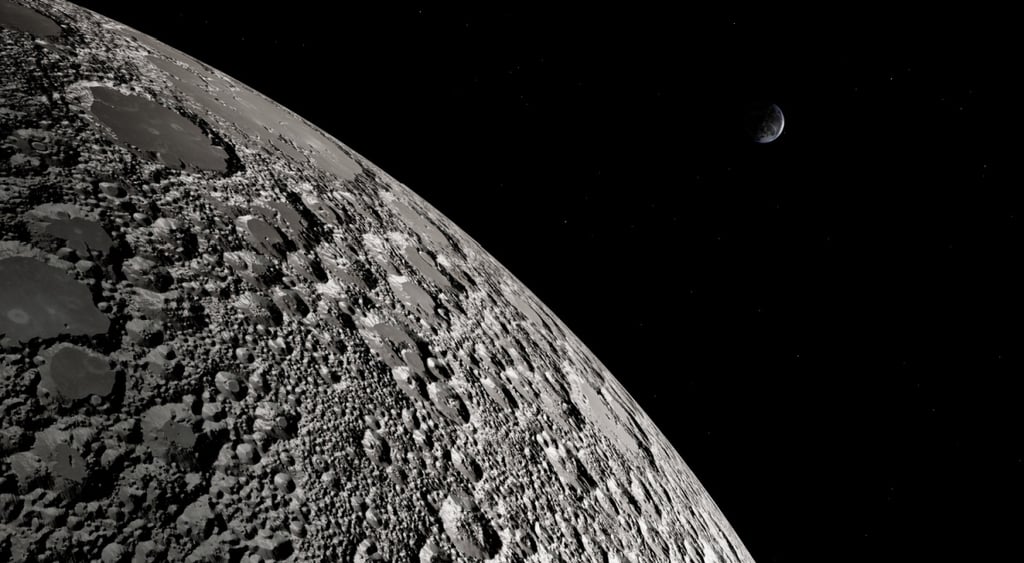 moon surface close up in fet right corner, black sky and stars in the back