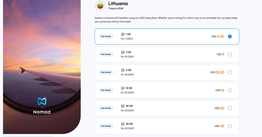 Nomad eSIM data plans for Lithuania