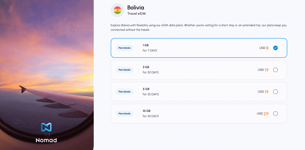 Nomad eSIM plans for Bolivia