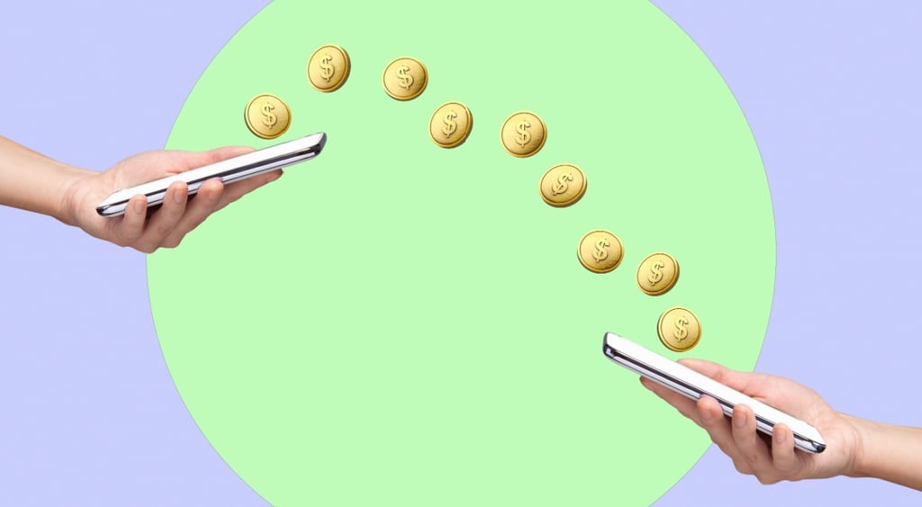 green circle in purple background, two  hands with phones and a line of coins connecting them