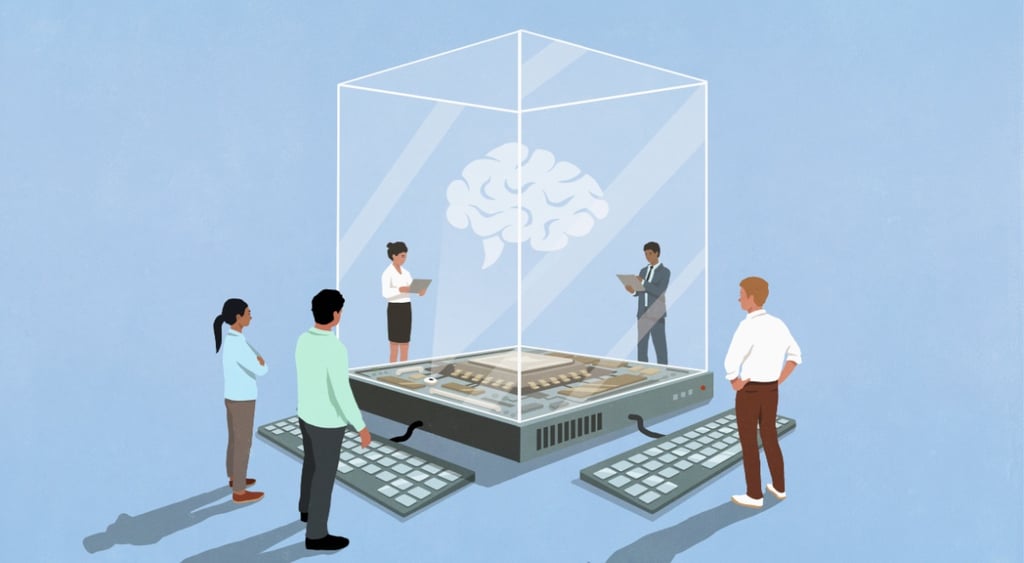 four people around a glass cube that has AI brain inside, baby blue background