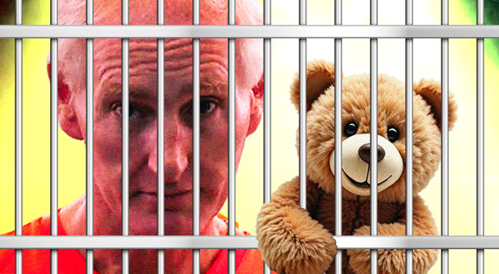 peter scully behind bars, red smiling teddy bear