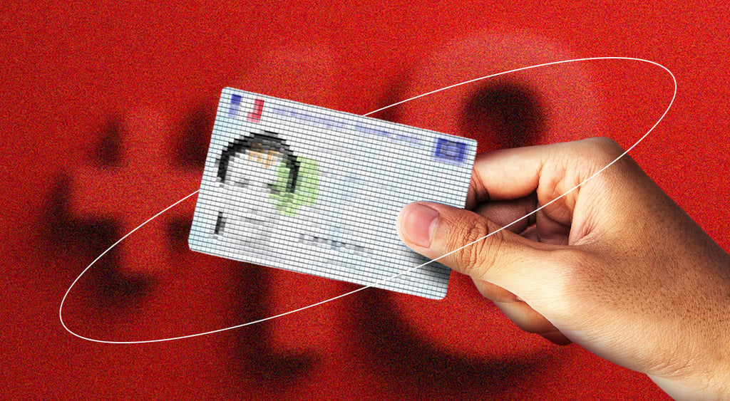 personal id card from france held in hand, blurry female face, +18 in the background