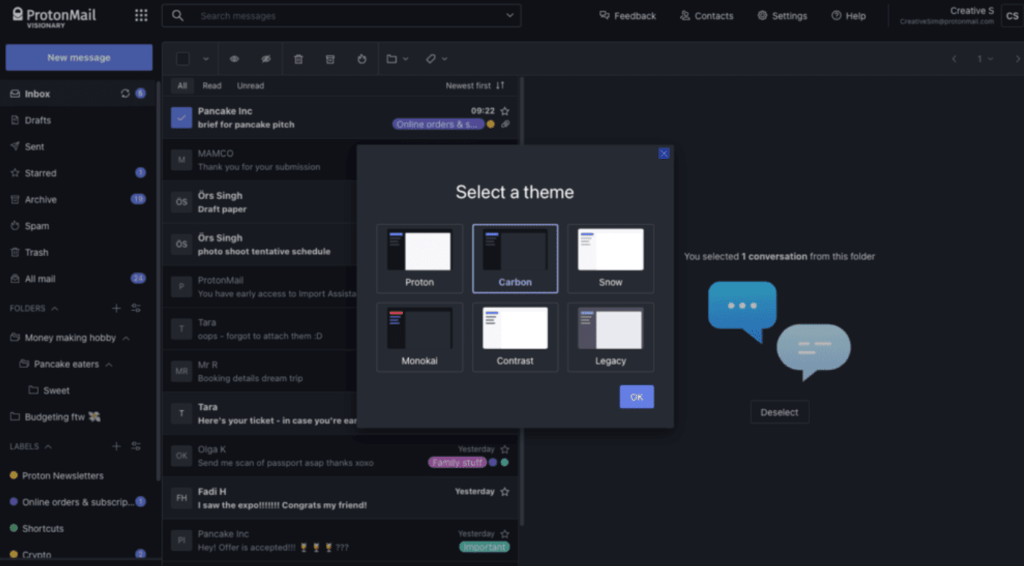 proton mail select theme