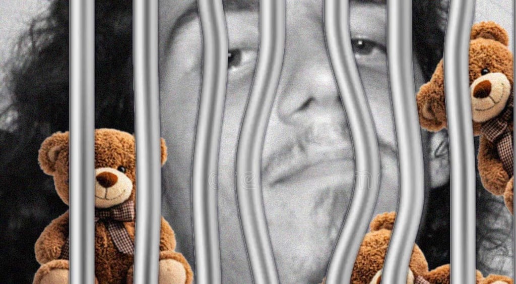 richard huckle behind bars, three red teddy bears with bows