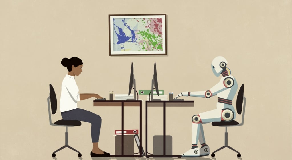 black woman behid a desk on left, robot behing a desk on right